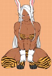 1girl abs animal_ears animal_print artist_collaboration bare_shoulders between_legs boku_no_hero_academia bra breasts cleavage collarbone colorized commentary dark-skinned_female dark_skin dotted_background english_commentary gloves hand_between_legs highres large_breasts long_eyelashes long_hair looking_at_viewer mirko mirkosimps muscular muscular_female navel panties parallaxfused parted_bangs print_bra print_panties print_thighhighs rabbit_ears rabbit_girl red_eyes smile solo squatting thick_thighs thighhighs thighs tiger_print tiptoes underwear very_long_hair white_gloves white_hair