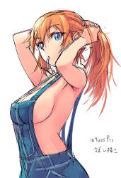 Rule 34 | 1girl, arms up, blue eyes, breasts, charlotte e. yeager, large breasts, long hair, looking at viewer, michairu, mouth hold, naked overalls, no bra, orange hair, overalls, ponytail, red hair, sideboob, solo, strike witches, world witches series