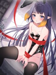 Rule 34 | 1girl, absurdres, animal ears, bare arms, bare shoulders, black leotard, black thighhighs, blue eyes, blunt bangs, blush, bound, bound arms, bound wrists, breasts, extra ears, fake animal ears, highleg, highleg leotard, highres, hololive, hololive english, leotard, long hair, looking at viewer, mole, mole under eye, ninomae ina&#039;nis, on bed, parted lips, playboy bunny, pointy ears, purple hair, rabbit ears, red ribbon, ribbon, ribbon bondage, sitting, small breasts, solo, strapless, strapless leotard, stu diho, sweat, tentacle hair, thighhighs, torn clothes, torn thighhighs, virtual youtuber