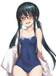 Rule 34 | 1girl, amagasa yun, black-framed eyewear, black hair, blue one-piece swimsuit, breasts, brown eyes, collarbone, competition school swimsuit, glasses, gluteal fold, highres, lab coat, long hair, long sleeves, low twintails, madara-san, off shoulder, one-piece swimsuit, open mouth, school swimsuit, sharp teeth, simple background, small breasts, solo, standing, swimsuit, tears, teeth, tejina senpai (series), twintails, white background