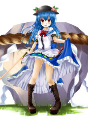 Rule 34 | 1girl, blue hair, boots, brown eyes, clothes lift, cross-laced footwear, dress, dress lift, female focus, food, fruit, hat, highres, hinanawi tenshi, keystone, lace-up boots, long hair, no panties, okitakung, orange eyes, peach, red eyes, ribbon, rope, shide, shimenawa, solo, sword, sword of hisou, touhou, weapon