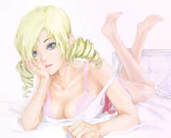 Rule 34 | 1girl, atlus, blonde hair, blue eyes, bra, breasts, catherine, catherine (game), cleavage, collarbone, covered erect nipples, downblouse, dress, drill hair, face, feet, head rest, highres, lingerie, lips, lipstick, lying, makeup, on bed, on stomach, panties, pink bra, pink panties, pink thighhighs, soles, solo, strap slip, thighhighs, twin drills, twintails, underwear, white dress, yamaishi (mukoubuti)