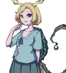 Rule 34 | 1girl, absurdres, antlers, blonde hair, blue shirt, blue skirt, collarbone, dragon girl, dragon horns, dragon tail, highres, horns, kame (kamepan44231), kicchou yachie, one-hour drawing challenge, orange eyes, shirt, short hair, short sleeves, simple background, skirt, solo, tail, touhou, turtle shell, white background