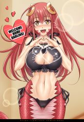 Rule 34 | 1girl, bikini, black bikini, breasts, cat lingerie, english text, fang, heart, heart hands, impossible clothes, jewelry, krabbytheartist, lamia, large breasts, lens flare, long hair, meme attire, miia (monster musume), monster girl, monster musume no iru nichijou, pointy ears, red hair, ring, scales, side-tie bikini bottom, smile, swimsuit, yellow eyes