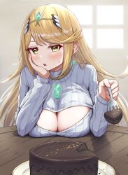 Rule 34 | 1girl, absurdres, blonde hair, blush, breasts, cake, chest jewel, cleavage, cleavage cutout, clothing cutout, core crystal (xenoblade), drop earrings, earrings, food, headpiece, highres, jewelry, large breasts, long hair, looking at viewer, mythra (xenoblade), pov, solo, sweat, sweatdrop, sweater, swept bangs, taro (peach taro51), tiara, tsundere, very long hair, xenoblade chronicles (series), xenoblade chronicles 2, yellow eyes