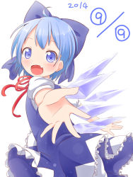 Rule 34 | circled 9, 1girl, blue dress, blue eyes, blue hair, bow, cirno, dress, fang, hair bow, highres, ice, ice wings, makuran, matching hair/eyes, open mouth, puffy short sleeves, puffy sleeves, shirt, short sleeves, smile, solo, touhou, wings
