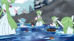 Rule 34 | 1boy, 6+girls, alternate color, breasts, closed eyes, closed mouth, cloud, creatures (company), day, dr. voir (nanosheep), game freak, gardevoir, gen 3 pokemon, green hair, highres, huge breasts, imminent penetration, in water, lexus tanuki, multiple girls, naughty face, nintendo, nude, onsen, open mouth, outdoors, pokemon, pokemon (creature), pussy, red eyes, shiny pokemon, size difference, sky, the lost artist, towel, water
