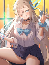 Rule 34 | 1girl, asuna (blue archive), black skirt, blonde hair, blue archive, blush, bow, bowtie, breasts, cellphone, choker, collarbone, collared shirt, feet out of frame, grin, hair over one eye, hair ribbon, halo, highres, holding, holding phone, indoors, long hair, looking at viewer, medium breasts, nano (blueoekaki), phone, ribbon, school uniform, scrunchie, shirt, shirt tucked in, sitting, skirt, sleeves rolled up, smile, solo, waving, white shirt, window, wrist scrunchie