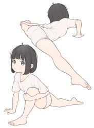 1girl 1ssakawaguchi ahoge ass bare_legs barefoot black_hair blunt_bangs blush bob_cut closed_mouth grey_eyes highres ichika_(1ssakawaguchi) looking_at_viewer multiple_views original shirt short_hair short_shorts short_sleeves shorts simple_background split stretching toes white_background white_shirt white_shorts