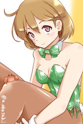 Rule 34 | 1girl, akai akasaki, bandaid, bandaid on face, bow, bowtie, breasts, brown hair, collarbone, crab, detached collar, feet out of frame, green bow, green bowtie, green leotard, kantai collection, leotard, looking at viewer, medium breasts, oboro (kancolle), pantyhose, playboy bunny, purple eyes, rabbit tail, short hair, smile, solo, strapless, strapless leotard, tail, twitter username, two-tone background, white background, wrist cuffs, yellow background