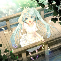 Rule 34 | 1girl, akane hazuki, album cover, aqua eyes, aqua hair, arm up, collarbone, cover, dress, from above, grass, hatsune miku, highres, long hair, nature, open mouth, petals, river, smile, solo, twintails, very long hair, vocaloid, white dress