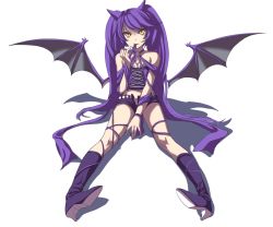 Rule 34 | 1girl, bat wings, boots, breasts, bustier, choker, cleavage, collarbone, demon girl, fingernails, hair in own mouth, high heels, horns, long fingernails, long hair, mx2j, original, purple hair, shoes, short shorts, shorts, sitting, small breasts, solo, very long hair, wings, yellow eyes