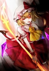 Rule 34 | 1girl, ascot, bad id, bad pixiv id, blonde hair, blood, blood on face, blood on hands, colored eyelashes, female focus, flandre scarlet, hat, hat ribbon, hino mamori, holding, laevatein, open mouth, red eyes, ribbon, short hair, side ponytail, signature, skirt, slit pupils, smile, smirk, solo, touhou, wings, wrist cuffs