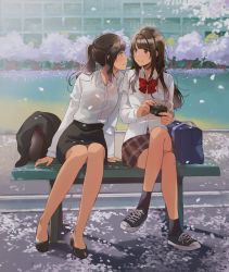 Rule 34 | 2girls, age difference, bag, bench, black footwear, black legwear, black skirt, blush, bow, bowtie, brown eyes, brown hair, building, camera, cherry blossoms, closed mouth, collared shirt, flats, flower, fly (marguerite), highres, holding, holding camera, jacket, long hair, long sleeves, looking at another, multiple girls, office lady, original, pencil skirt, petals, pink flower, plaid, plaid skirt, pleated skirt, ponytail, red bow, red neckwear, red skirt, school bag, shirt, shoes, sitting, skirt, smile, socks, teacher and student, tree, white shirt, yuri