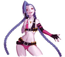 Rule 34 | 1girl, absurdly long hair, arm strap, arm tattoo, asymmetrical gloves, bare shoulders, belt, belt buckle, bikini, bikini top only, braid, breasts, buckle, bullet, bullet necklace, cross-laced footwear, elbow gloves, fingerless gloves, gloves, jewelry, jinx (league of legends), league of legends, long hair, necklace, pink eyes, pink thighhighs, short shorts, shorts, single thighhigh, small breasts, smile, solo, stomach tattoo, swimsuit, tattoo, thigh strap, thighhighs, twin braids, uneven gloves, very long hair