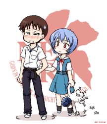 Rule 34 | 1boy, 1girl, = =, angel (evangelion), arm grab, ayanami rei, belt, black hair, blue hair, blush, brown hair, character doll, closed eyes, collared shirt, dated, doll, embarrassed, english text, flat chest, frown, full body, hand in pocket, holding, holding another&#039;s arm, ikari shinji, lilith (evangelion), logo, looking at another, lowres, neck ribbon, neon genesis evangelion, nerv, nose blush, oekaki, pants, parted lips, pleated skirt, raised eyebrows, red eyes, ribbon, school uniform, shadow, shirt, shoes, short hair, short sleeves, sige, signature, skirt, sneakers, standing, suspenders, sweatdrop