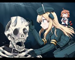 Rule 34 | 10s, 2girls, @ @, abyssal ship, ahoge, any (lucky denver mint), battleship princess, blonde hair, blue eyes, collar, cropped jacket, fish, garrison cap, gloves, hair ornament, hat, horns, i-58 (kancolle), kantai collection, letterboxed, long hair, long sleeves, machinery, military, military uniform, multiple girls, neckerchief, ocean, pink hair, puffy long sleeves, puffy sleeves, sailor collar, school swimsuit, school uniform, serafuku, short hair, skeleton, skull, submerged, sweat, swimsuit, swimsuit under clothes, torpedo, type 95 torpedo, u-511 (kancolle), underwater, uniform