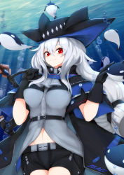 Rule 34 | 1girl, absurdres, animal, arknights, ascot, black cape, black gloves, black hat, black pants, blue background, breasts, bubble, cape, character name, clothes writing, clothing cutout, cowboy shot, dodo (yatotoyatoto), gloves, grey ascot, grey hair, grey shirt, hair between eyes, hat, highres, holding, holding sword, holding weapon, light smile, long hair, looking at viewer, medium breasts, pants, red eyes, shirt, skadi (arknights), solo, sword, thigh cutout, underwater, weapon, weapon on back, whale