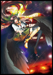Rule 34 | 1girl, arm warmers, bad id, bad pixiv id, black hair, black thighhighs, black wings, blush, breasts, cockadooodledoo, feathered wings, female focus, highres, large breasts, long hair, open mouth, red eyes, reiuji utsuho, skirt, smile, solo, thighhighs, touhou, wings