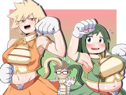 Rule 34 | 1boy, 2girls, animal hands, armpits, bakugou masaru, bakugou mitsuki, bare shoulders, belly, blonde hair, blush, boku no hero academia, border, breasts, cat bell, cat paws, cat tail, fire breath01, glasses, gloves, gradient background, green eyes, green hair, grey background, jingle bell collar, large breasts, looking at viewer, matching hair/eyes, mature female, midoriya inko, midriff, multiple girls, navel, open mouth, paw gloves, paw pose, pink background, plump, red eyes, short hair, skirt, smile, spiked hair, tail, teeth, tongue, wavy mouth, white border