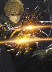 Rule 34 | 1boy, black pants, black sclera, blonde hair, colored sclera, cyborg, genos, glowing, grey tank top, highres, looking at viewer, male focus, modare, one-punch man, outstretched arms, pants, short hair, tank top, yellow eyes