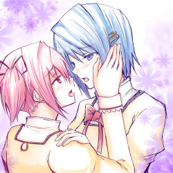 Rule 34 | 10s, 2girls, after kiss, bad id, bad pixiv id, blue eyes, blue hair, blush, eye contact, female focus, hair ornament, hair ribbon, hairclip, hand on another&#039;s face, hand on shoulder, hzk, kaname madoka, long sleeves, looking at another, mahou shoujo madoka magica, mahou shoujo madoka magica (anime), miki sayaka, mitakihara school uniform, multiple girls, pink eyes, pink hair, ribbon, saliva, saliva trail, school uniform, short hair, short twintails, twintails, yuri