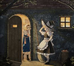 Rule 34 | 2girls, alice margatroid, apron, arch, arm up, bag, black footwear, black vest, blonde hair, blue dress, boots, bow, bowtie, branch, brick wall, broom, building, bush, buttons, closed eyes, commentary request, dress, frilled apron, frills, hairband, hand on headwear, hand up, hat, hat bow, highres, house, ivy, kirisame marisa, long hair, mary janes, multicolored buttons, multiple girls, mushroom, neck ribbon, open door, open mouth, partial commentary, peeking out, profile, puffy short sleeves, puffy sleeves, red bow, red bowtie, red hairband, red ribbon, red sash, ribbon, sash, shanghai doll, shiratama (hockey), shoes, short hair, short sleeves, standing, touhou, vest, waist apron, white apron, wicker basket, window, witch hat