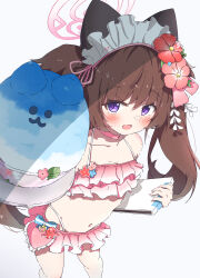 Rule 34 | 1girl, :3, absurdres, animal ears, bikini, blue archive, breasts, brown hair, cleavage, commentary request, fake animal ears, flower, food, frilled bikini, frills, from above, hair flower, hair ornament, hair ribbon, halo, halterneck, highleg, highleg bikini, highres, holding, holding food, holding paper, long hair, looking at viewer, natsukari na, navel, open mouth, paper, partial commentary, pink bikini, pink halo, purple eyes, ribbon, shade, shaved ice, shizuko (blue archive), shizuko (swimsuit) (blue archive), simple background, small breasts, solo, standing, stomach, swimsuit, twintails, white background, white headdress