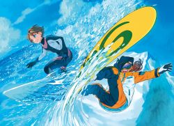 Rule 34 | 1boy, 1girl, bodysuit, brown hair, cloud, coat, commentary request, diving suit, goggles, long hair, long sleeves, looking at viewer, mountain, nobile1031, ocean, open mouth, original, ski boots, ski gear, ski goggles, skiing, sky, smile, snow, snowing, surfboard, surfing, twintails, water, waves, wetsuit, winter, winter clothes