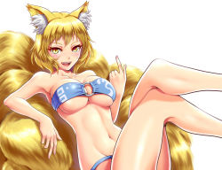 Rule 34 | 1girl, alvares, animal ears, arm rest, armpits, bad id, bad pixiv id, bare arms, bare legs, bare shoulders, bikini, blonde hair, blush, breasts, collarbone, commentary request, eyelashes, fangs, fox ears, fox tail, graphite (medium), hand up, highres, index finger raised, leaning back, crossed legs, legs up, lips, mechanical pencil, medium breasts, multiple tails, navel, o-ring, o-ring bikini, o-ring top, open mouth, pencil, simple background, sitting, slit pupils, smile, solo, stomach, strapless, strapless bikini, swimsuit, tail, touhou, traditional media, underboob, upper body, white background, yakumo ran, yellow eyes