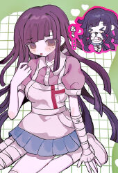 &gt;o&lt; 1girl :o apron bandaged_hand bandaged_leg bandages blue_skirt blush brown_background brown_eyes collared_shirt danganronpa_(series) danganronpa_2:_goodbye_despair heart highres long_hair miniskirt mole mole_under_eye pink_shirt puffy_short_sleeves puffy_sleeves purple_hair shirt shoes short_sleeves skirt socks tsumiki_mikan two-tone_shirt u_u_(16557) white_apron white_background white_footwear