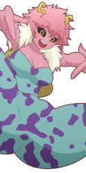 Rule 34 | 1girl, ashido mina, black sclera, boku no hero academia, breasts, cleavage, colored sclera, colored skin, horns, large breasts, mike inel, pink hair, pink skin, pointing, short hair, solo, spread legs, transparent background, yellow eyes