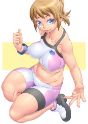 Rule 34 | 10s, 1girl, bike shorts, blue eyes, breasts, brown hair, gundam, gundam build fighters, gundam build fighters try, highres, hoshino fumina, impossible clothes, large breasts, looking at viewer, masato (mk), midriff, navel, short hair, smile, solo, sports bra, two-tone sports bra