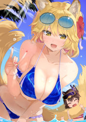 Rule 34 | 2girls, animal ears, bare arms, bare shoulders, bikini, blonde hair, blue bikini, blue sky, blush, breasts, brown hair, cat ears, chen, cleavage, collarbone, day, eyewear on head, fang, flower, fox ears, fox shadow puppet, fox tail, hair flower, hair ornament, hibiscus, highres, large breasts, leaning forward, looking at viewer, medium hair, multiple girls, multiple tails, nail polish, open mouth, outdoors, palm tree, puuakachan, red flower, red nails, skin fang, sky, smile, snorkel, summer, sunglasses, sunlight, swimsuit, tail, touhou, tree, wading, water, wet, yakumo ran, yellow eyes