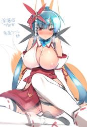 Rule 34 | 1girl, animal ears, bad id, bad twitter id, bare shoulders, blue hair, blush, breast slip, breasts, detached sleeves, facial mark, female pubic hair, fox ears, fox tail, hair ornament, heavy breathing, inverted nipples, japanese clothes, jpeg artifacts, large breasts, long hair, mel/a, miko, mole, nipples, no panties, one breast out, open mouth, pelvic curtain, pubic hair, pussy, red eyes, simple background, sketch, solo, tail, thighhighs, white background, white thighhighs
