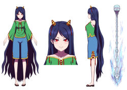 Rule 34 | 1girl, black hair, blue shorts, closed mouth, collarbone, flip-flops, green shirt, highres, horns, long hair, long sleeves, multiple views, nippaku zanmu, oni horns, pepelonthi, polearm, red eyes, sandals, shirt, shorts, simple background, skull, smile, spear, touhou, weapon, white background, wide sleeves