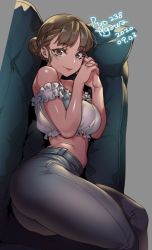 Rule 34 | 1girl, 2020, agawa ryou, artist name, breasts, couch, dated, grey background, hair bun, large breasts, looking at viewer, lying, on side, original, signature, simple background, single hair bun, smile, solo, thick thighs, thighs