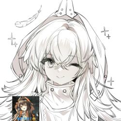 Rule 34 | 1girl, ;), arknights, character request, closed mouth, commentary request, feathers, hair between eyes, heimiblack-rice, hood, hood up, jacket, kafka (arknights), long hair, looking at viewer, one eye closed, reference inset, simple background, smile, solo, upper body, white background