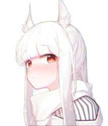 Rule 34 | 1girl, absurdres, animal ear fluff, animal ears, arknights, beudelb, blunt bangs, blush, chromatic aberration, commentary, female focus, highres, horse ears, jacket, korean commentary, long hair, looking at viewer, orange eyes, platinum (arknights), sidelocks, simple background, solo, upper body, white background, white hair, white jacket
