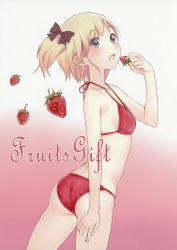 Rule 34 | 1girl, absurdres, arched back, ass, bare shoulders, bikini, blonde hair, blue eyes, blush, bow, breasts, cover, cover page, cowboy shot, eating, english text, face, flat chest, food, from side, fruit, gradient background, hair bow, halterneck, highres, holding, holding food, holding fruit, image sample, kishida mel, legs apart, looking at viewer, medium breasts, open mouth, original, parted bangs, pink background, red bikini, short ponytail, short twintails, side ponytail, sideboob, solo, standing, strawberry, string bikini, swimsuit, twintails, white background