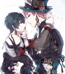 Rule 34 | 2boys, black hair, earrings, ensemble stars!, facing another, hat, highres, itsuki shu, jewelry, jjwhtkokq5a3z4d, kagehira mika, long sleeves, looking at another, looking at viewer, male focus, multiple boys, orange eyes, parted lips, pink hair, purple eyes, ring, short bangs, short hair, top hat, white background, yaoi
