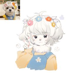 Rule 34 | 1girl, absurdres, animal, animal ears, arin (fanfan013), black eyes, cropped torso, dog, dog ears, flower, furry, furry female, hair flower, hair ornament, highres, looking at viewer, overalls, pawpads, personification, reference inset, simple background, w, white background, white hair