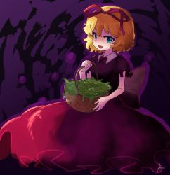 Rule 34 | 1girl, artist name, asutoro (s--t), aura, basket, black shirt, blonde hair, blue eyes, bow, bowtie, collared shirt, commentary, dark aura, frilled sleeves, frills, hair ribbon, highres, holding, holding basket, leaf, long sleeves, looking at viewer, medicine melancholy, one-hour drawing challenge, open mouth, red bow, red bowtie, red ribbon, red skirt, ribbon, shirt, short hair, short sleeves, signature, sitting, skirt, smile, solo, touhou