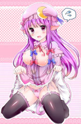 Rule 34 | 1girl, absurdres, animal ears, bad id, bad pixiv id, black thighhighs, blue ribbon, blush, bow, bow panties, breasts, capelet, cat ears, cat tail, checkered background, crescent, crescent hair ornament, crescent moon, garter straps, hair ornament, hair ribbon, hat, highres, kemonomimi mode, kneeling, large breasts, legs, lifted by self, long hair, mob cap, moon, nipples, open clothes, open mouth, open shirt, panties, patchouli knowledge, pink panties, polka dot, polka dot panties, poru-poru koron, purple eyes, purple hair, pussy juice, pussy juice stain, red ribbon, ribbon, shirt, simple background, solo, spoken sweatdrop, spread legs, striped, striped background, sweatdrop, tail, tears, thighhighs, touhou, tress ribbon, underwear, vertical stripes, wet, wet clothes, wet panties