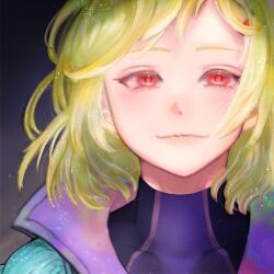 Rule 34 | 1other, androgynous, aqua coat, blonde hair, coat, gnosia, hair between eyes, hair ornament, hairclip, highres, looking at viewer, other focus, red eyes, setsu (gnosia), short hair, simple background, smile, solo, tsujikuro, turtleneck