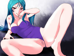 Rule 34 | 1990s (style), 1girl, arm support, blue hair, breasts, censored, cleavage, clothing aside, female focus, final fantasy, final fantasy vii, leotard, leotard aside, licking lips, long hair, looking at viewer, okurapuchi, pussy, red eyes, retro artstyle, snow (ff7), solo, spread legs, tongue, tongue out