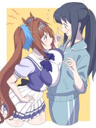 Rule 34 | 2girls, absurdres, animal ears, blue hair, blue jacket, breasts, brown hair, daiwa scarlet (umamusume), eye contact, face-to-face, female trainer (umamusume), hair intakes, hand on own hip, height difference, highres, horse ears, horse girl, horse tail, jacket, large breasts, long hair, looking at another, miniskirt, multiple girls, pants, pleated skirt, ponytail, powerhamuhamu, red eyes, sailor collar, school uniform, short sleeves, skirt, tail, tiara, tracen school uniform, trainer (umamusume), twintails, umamusume, yuri