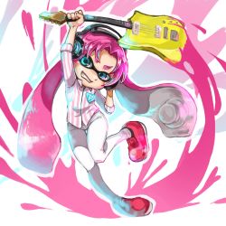 Rule 34 | 1girl, aqua eyes, arm up, badge, blush, cosplay, dress shirt, electric guitar, eyebrows, gradient background, grin, guitar, hand on headphones, headphones, highres, hirasawa susumu, hirasawa susumu (cosplay), holding, inkling, inkling girl, inkling player character, instrument, loafers, long hair, monster girl, nintendo, p-model, paint, pants, parted bangs, pink hair, raito (latek), shirt, shoes, smile, solo, splatoon (series), splatoon 1, standing, standing on one leg, striped clothes, striped shirt, tentacle hair, wing collar