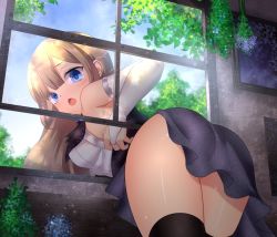 Rule 34 | 1girl, ass, blonde hair, blue eyes, blue sky, breasts, bridal gauntlets, commentary request, from behind, highres, long hair, looking at viewer, looking back, medium breasts, neit ni sei, open mouth, original, shiny skin, skirt, sky, solo, stuck, thighhighs, through window, window