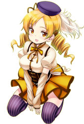 Rule 34 | 10s, 1girl, beret, blonde hair, blush, drill hair, hair ornament, hat, mahou shoujo madoka magica, mahou shoujo madoka magica (anime), seiza, sitting, skirt, smile, solo, striped clothes, striped thighhighs, thighhighs, tomoe mami, twin drills, twintails, v arms, vertical-striped clothes, vertical-striped thighhighs, yellow eyes, zettai ryouiki, zizi (zz22)